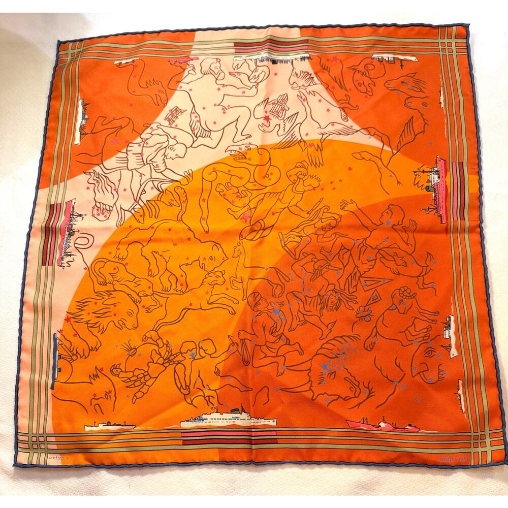 Hermes Paris 'Constellations' 100% Silk Vintage Rolled Edge Pocket Square